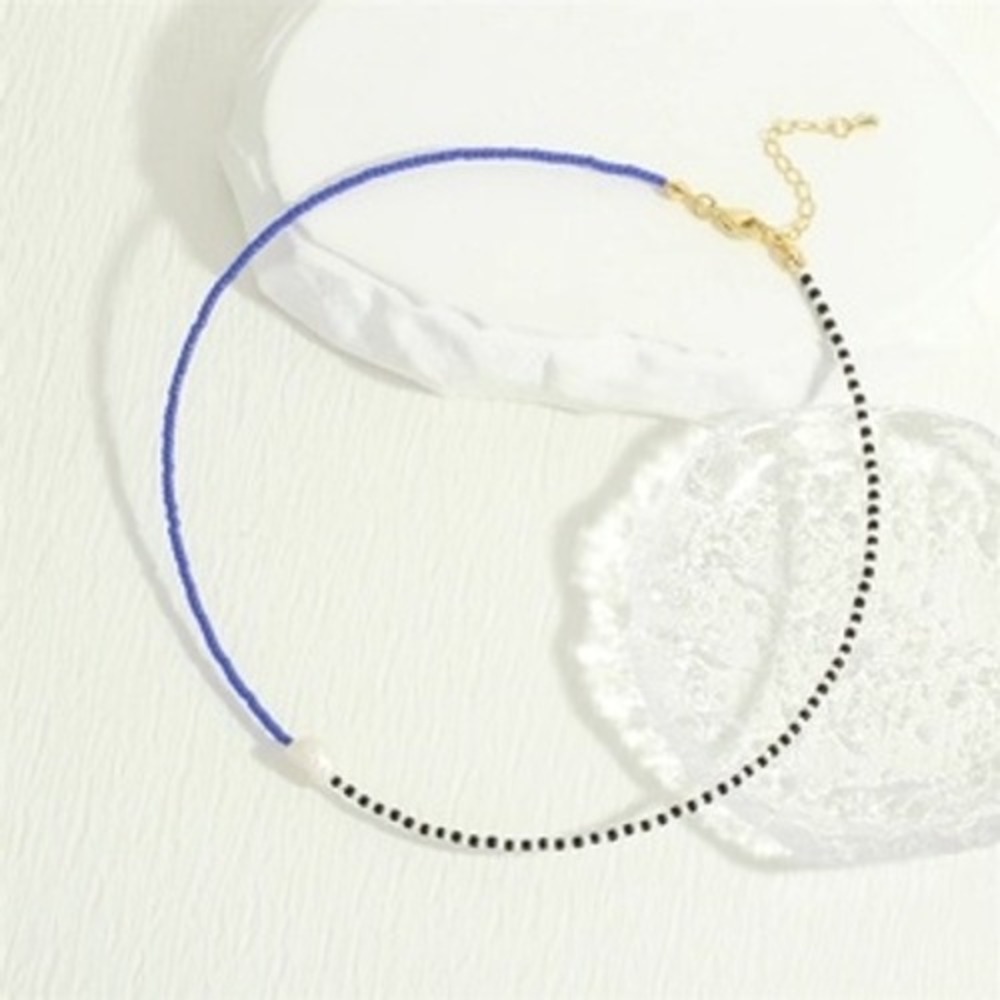 Blue Seed Bead Choker Necklace with Freshwater Pearl Black White Striped Boho